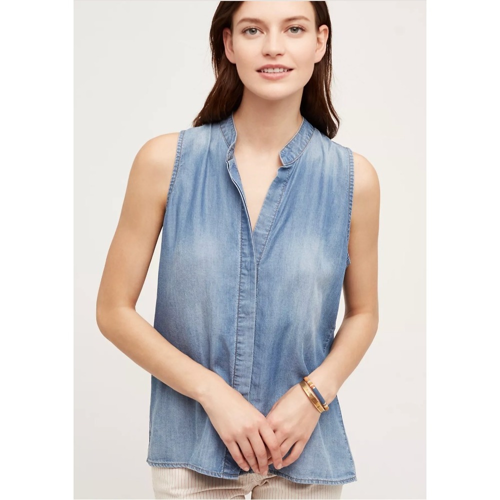 Cloth & Stone Womens XS Light Wash Sleeveless Chambray Denim High Low Top Blue